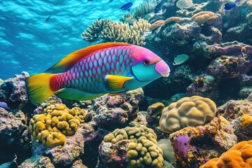 Fototapeta premium Colorful parrot fish swimming among vibrant corals in Barrier Reef waters near Australia, Parrot Fish in corals of Barrier Reef near Australia coast Sea adventure