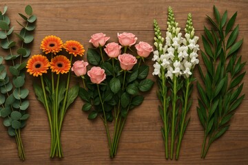 Obraz premium A top-down view of fresh floral stems arranged on a wooden surface — including eucalyptus, gerbera daisies, roses, and snapdragons in vibrant natural colors.