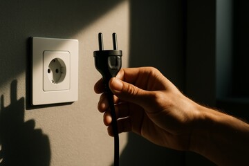 A hand holds a black power plug near a wall socket, preparing to connect or disconnect a device. Sunlight casts shadows on the neutral wall.