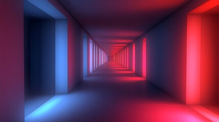 Red and blue neon lights illuminate a long, narrow corridor
