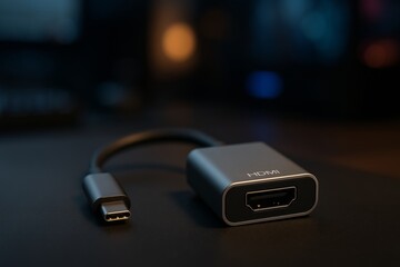 A USB-C to HDMI adapter lies on a dark desk with blurred background lights. Sleek, compact, and essential for modern digital connectivity.