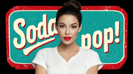 Retro-Inspired Portrait of Woman with Bold Makeup in Front of Vintage Soda Pop Sign
