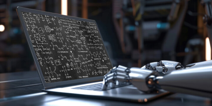 Mathematic equations and brisk formula on computer screen showing concept of science and education