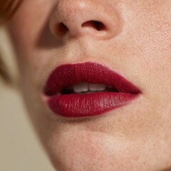 Burgundy Lip Makeup and Skincare: Close-Up Portrait of Freckled Woman in Fashion Photography with Elegant Lips