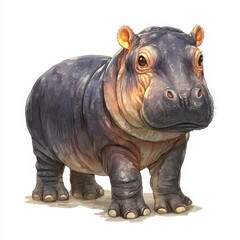 Naklejka premium Funny Cute Hippopotamus Cartoon Illustration: Whimsical Children’s Book Art with Realistic Details and Playful Look