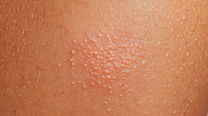 Fototapeta premium Close-up view of irritated skin shows a cluster of small, raised bumps, indicating a possible allergic reaction or rash on the skin.