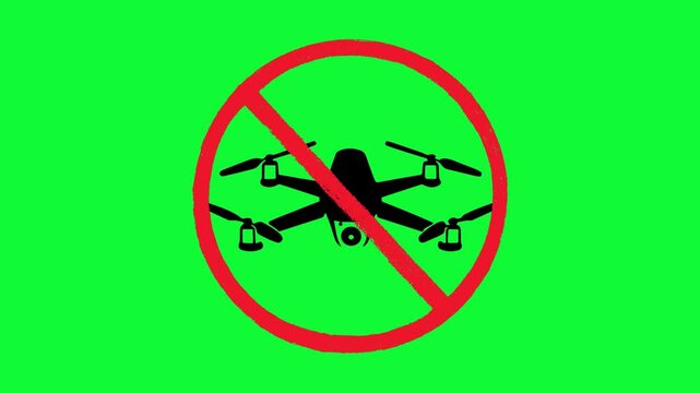 4K Video of No Drone Zone Animated Sign UAV & Quadcopter Prohibition Symbol for Restricted Airspace & Privacy Footage, Green Screen Chroma Key