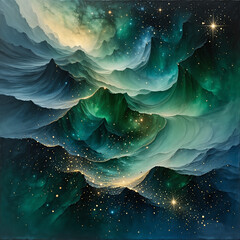 Abstract background wind-shaped waves of emerald sand with subtle golden sparkles gradually fade transition into distant stars, creating the illusion of mystic mountains