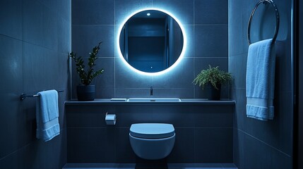 Modern minimalist bathroom interior with illuminated circular mirror and dark tiles