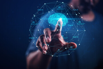 AI technology concept, machine brain, produces online communication messages via smartphones through the global online network in the future.
