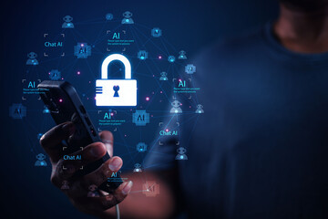 cybersecurity concept Business man shows how to protect cyber technology network from attack by hackers on the internet. Secure access to privacy through smartphones Meta protection.	