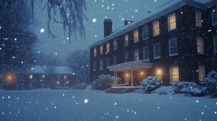 Snowy landscape. Buildings with lit windows in the evening. Winter wonderland