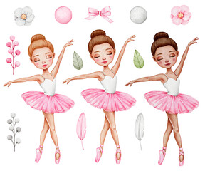 Dancing Ballet Girls Watercolor Illustration Set