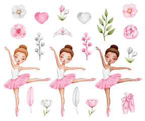 Ballet Girls in Pink Tutu Watercolor Clipart Set