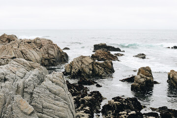 Rocky shoreline with ocean waves under overcast sky
