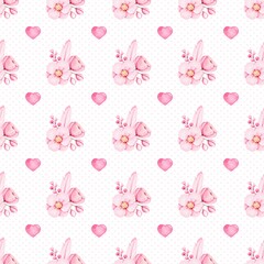 Pink Feather and Flowers Watercolor Seamless Pattern
