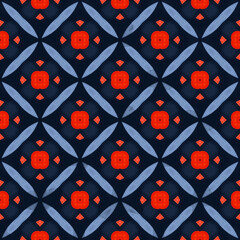 Striking geometric repeating design in deep navy and fiery red, accented by soft periwinkle. An eye catchinfg pattern for backgrounds, textiles, and print projects. 3600x3600 px, high-quality 
