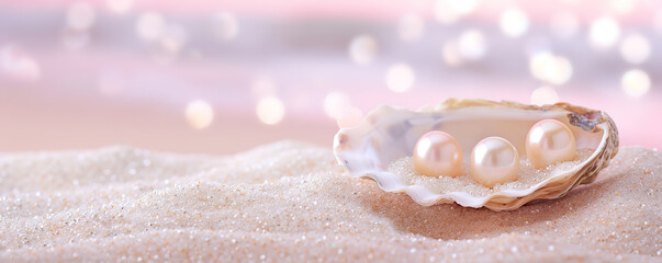 Close up of three white pearls in an open seashell, lying on white sand with a bokeh background.  Pearls symbolize beauty, purity, and wealth.