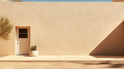 Stunning neutral beige building with plant shadow patterns for a modern minimalist aesthetic