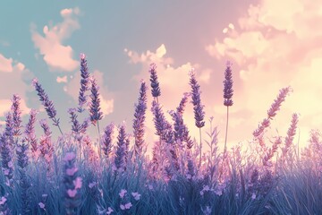 Obraz premium Lavender flowers basking in warm sunshine under a vibrant sky, Close shot of lavender flowers in warm sunshine Purple flowers in garden