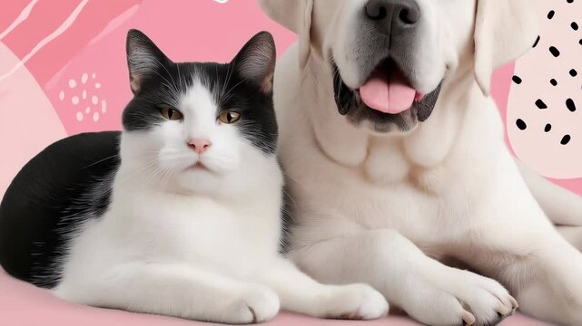A white Labrador dog and black and white cat lying together on a soft pink background with paw print and dalmatian spots design elements