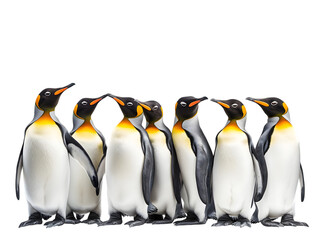 Group of Seven Emperor Penguins Standing in Row on Transparent Background