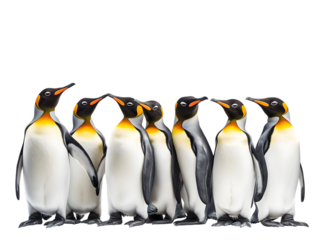 Group of Seven Emperor Penguins Standing in Row on Transparent Background