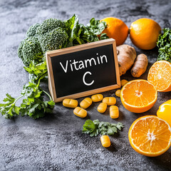 Healthy Fruits and Vegetables High in Vitamin C with Sign Saying "Vitamin C"