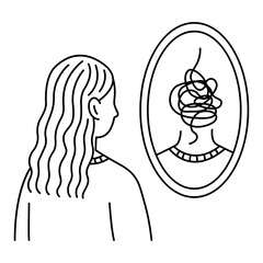 A woman looking in the mirror, seeing herself in confusion and sadness. icon or illustration about mental health