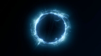 Glowing futuristic energy ring made of light particles and digital waves rotating in dark space. Abstract portal loop animation in blue tones for quantum AI, cyber visuals, and high-tech backgrounds 