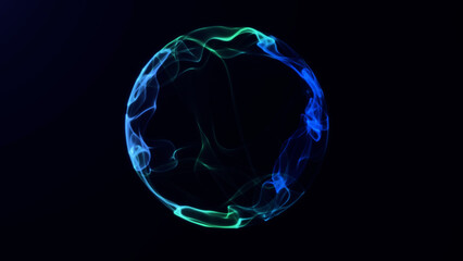 Futuristic glowing energy sphere with flowing neon light waves rotating in dark space. Abstract 3D plasma orb loop animation in blue and green colors for sci-fi, quantum AI, and digital technology 