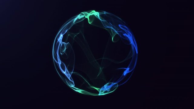 Futuristic glowing energy sphere with flowing neon light waves rotating in dark space. Abstract 3D plasma orb loop animation in blue and green colors for sci-fi, quantum AI, and digital technology 
