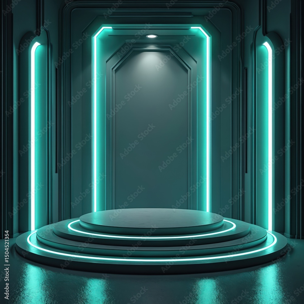 Poster futuristic sci-fi empty stage with neon light. modern hall room display background for product showc