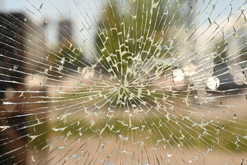shattered safety glass on a public transport bus stop. The cracks form a circular spiderweb pattern, creating an abstract texture with sharp reflections. The background is softly blurred and shows tre