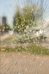 shattered safety glass on a public transport bus stop. The cracks form a circular spiderweb pattern, creating an abstract texture with sharp reflections. The background is softly blurred and shows tre