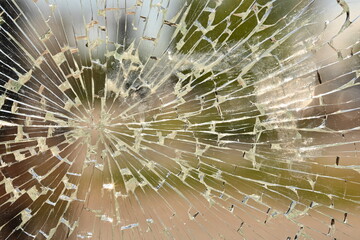 shattered safety glass on a public transport bus stop. The cracks form a circular spiderweb pattern, creating an abstract texture with sharp reflections. The background is softly blurred and shows tre
