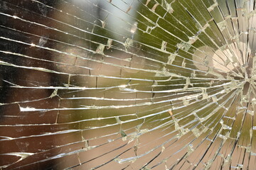 shattered safety glass on a public transport bus stop. The cracks form a circular spiderweb pattern, creating an abstract texture with sharp reflections. The background is softly blurred and shows tre