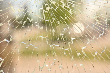shattered safety glass on a public transport bus stop. The cracks form a circular spiderweb pattern, creating an abstract texture with sharp reflections. The background is softly blurred and shows tre