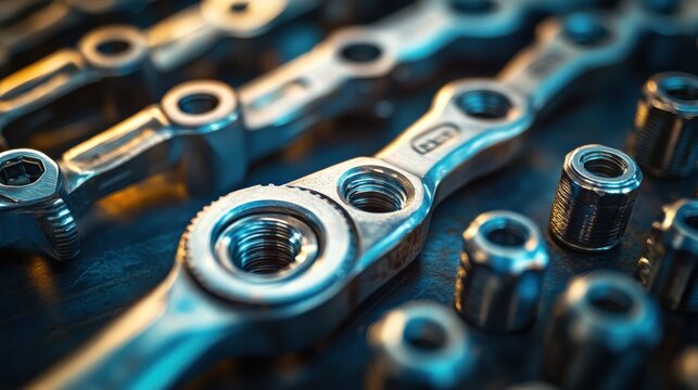 Close up view of assorted metallic tools and fasteners emphasizing craftsmanship and precision