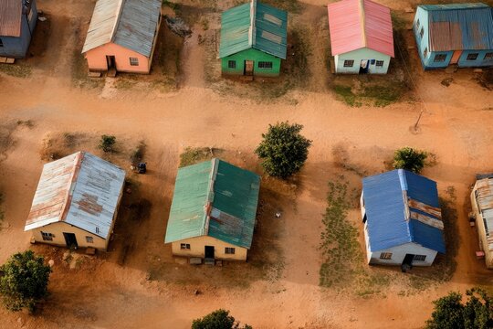 Vaalwater rural community showcasing colorful tin shack houses and dusty pathways under bright skies, Tin shack houses of rural community in Vaalwater informal settlement Aerial