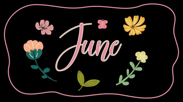 Animated June text with cute floral elements and leaves in a playful hand-drawn illustration style
