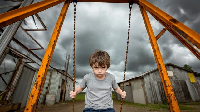 A lonely child sits on a swing during a gray, moody evening, symbolizing emotional neglect and the silent pain of growing up in a troubled family. Generative AI 4K video.