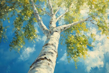 Fototapeta premium Vibrant birch tree reaching for the summer sky on a sunny day, Birch tree on a sunny summer day