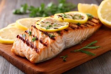 Grilled salmon fillet with lemon and rosemary on wooden cutting board