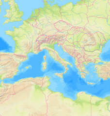 Map of Italy and surrounding countries without any labels