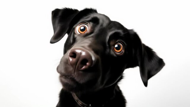 Funny black dog goofy face with surprised big eyes and tilted head, isolated on white. Cute pet expressions, viral animal humor, dog meme animation concept. 4K video footage