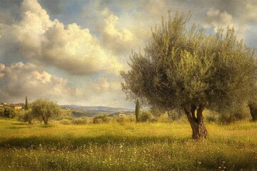 Olive trees flourish in the picturesque orchards of rural Tuscany under a cloudy sky, Orchard in rural Tuscany Olive trees