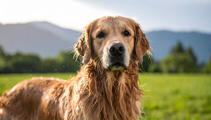 Obraz premium Portrait of cute Golden Retriever dog with wet fur. Pet, domestic animal. Natural green backdrop.