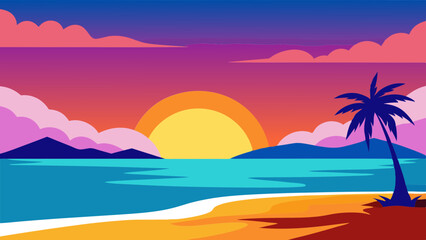 Obraz premium Peaceful Sunset Beach with Colorful Sky Illustration