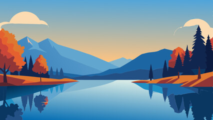 Scenic Autumn Lake with Colorful Reflections Vector